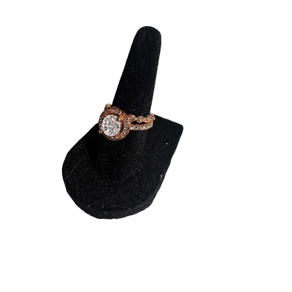 Rose Gold Tone CZ Halo Ring + Matching Band Set Size 7.5 Costume Jewelry